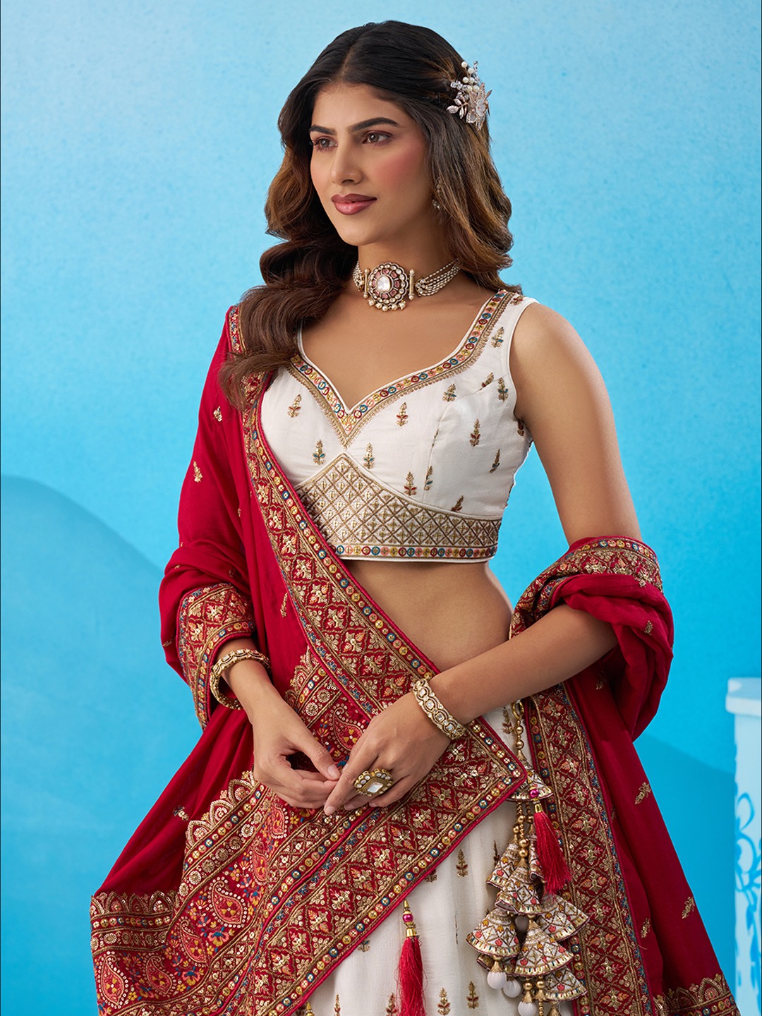 White Red Chinon Sequins Embroidered Festive Lehenga Choli