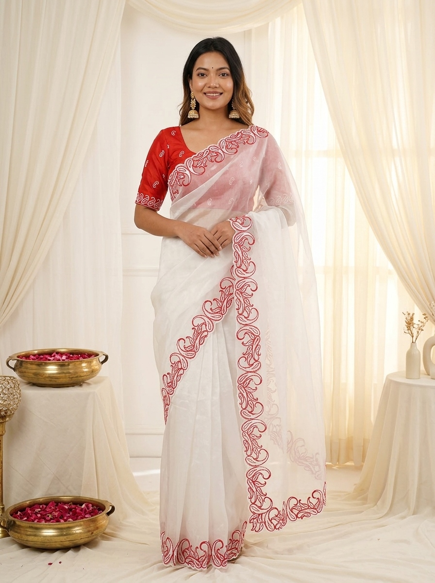 White Red Designer Crunchy Silk Saree