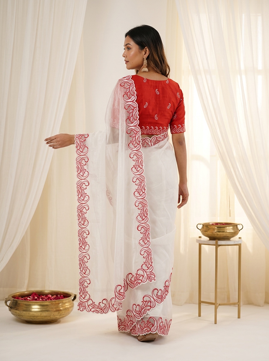 White Red Designer Crunchy Silk Saree — alternate view