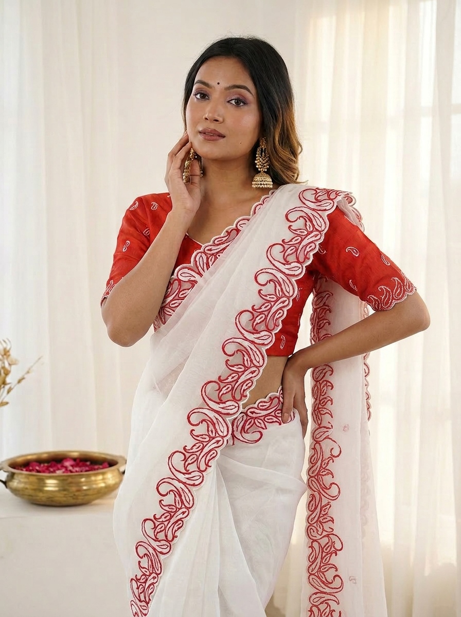 White Red Designer Crunchy Silk Saree