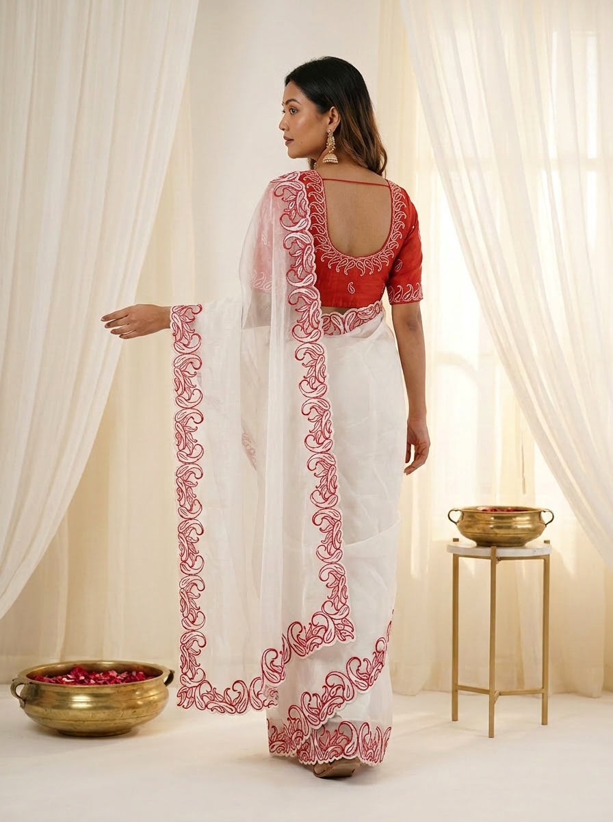 White Red Designer Crunchy Silk Saree