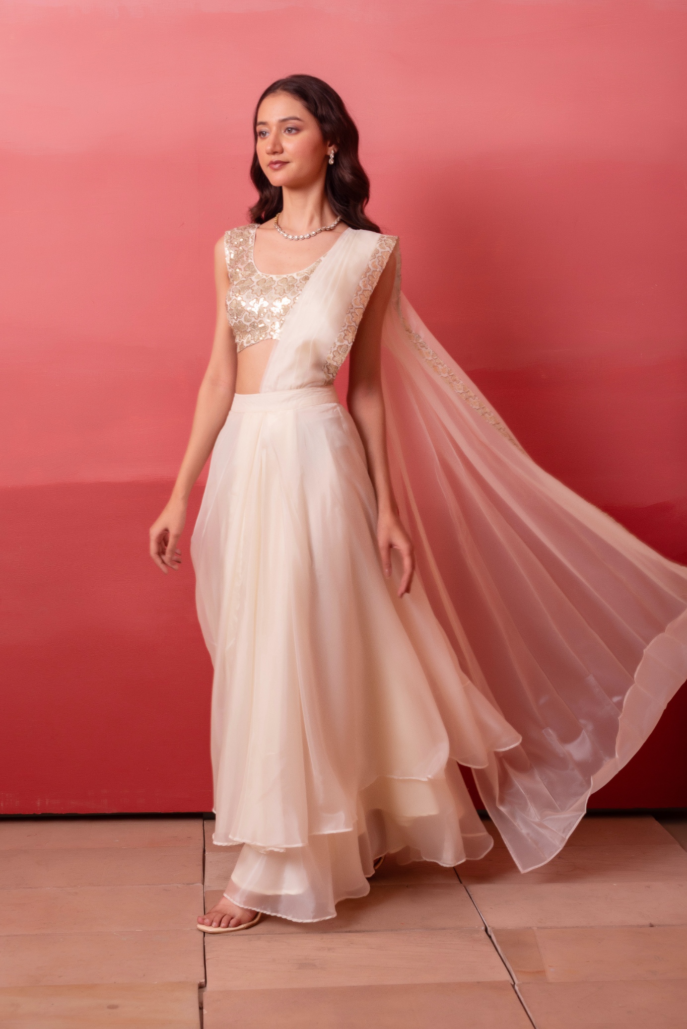White Sequence Work Organza Ready To Wear Saree