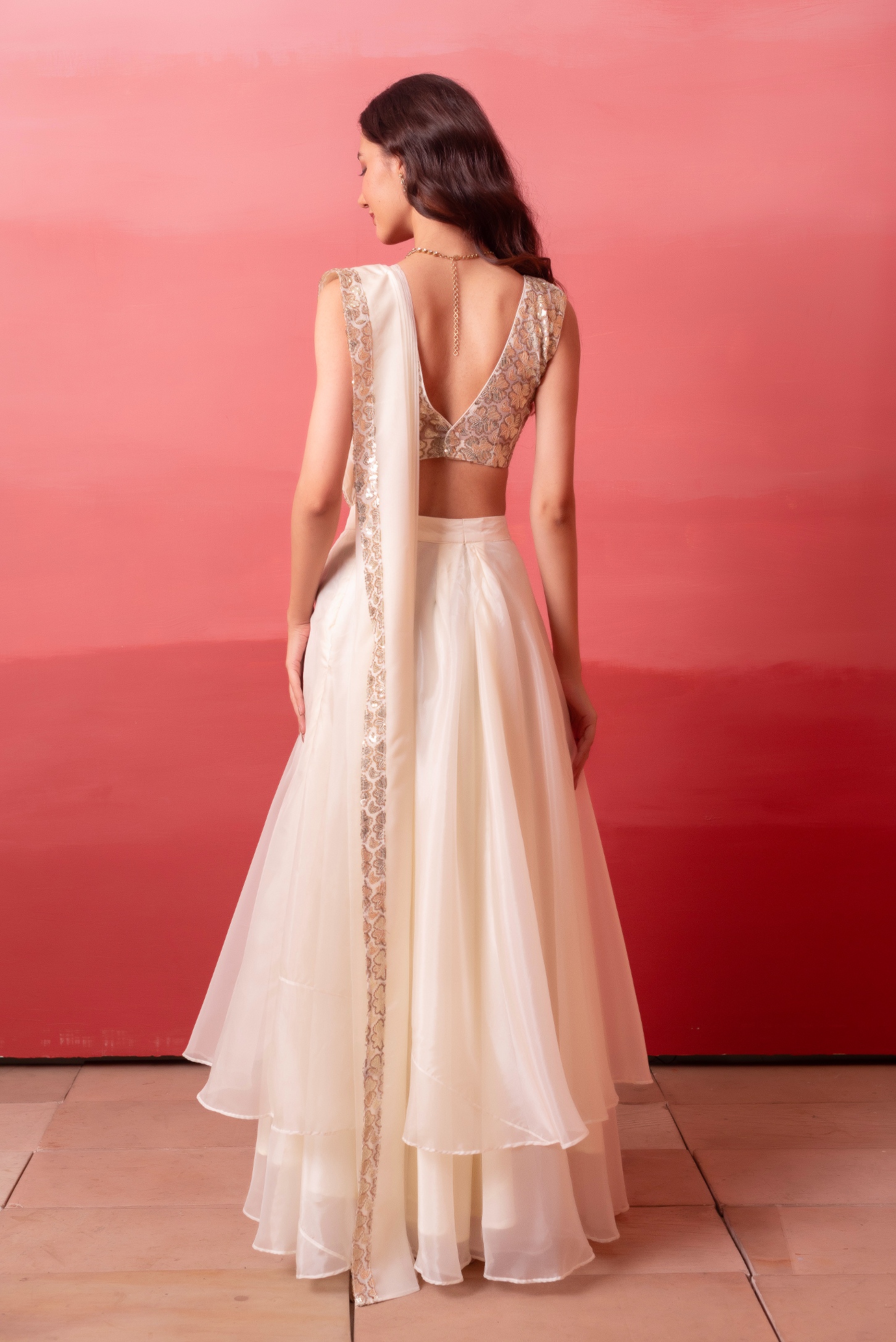 White Sequence Work Organza Ready To Wear Saree — alternate view