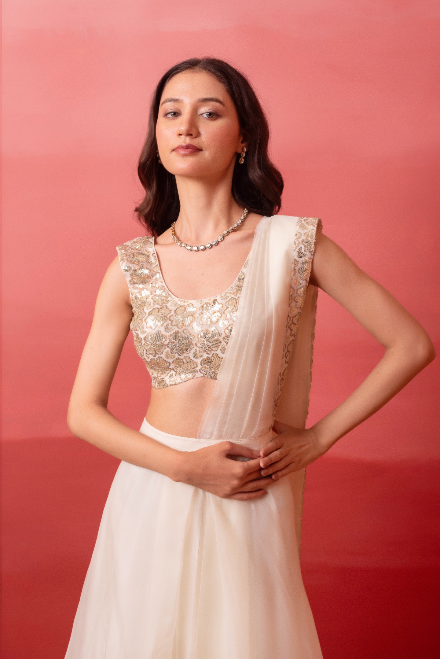 White Sequence Work Organza Ready To Wear Saree