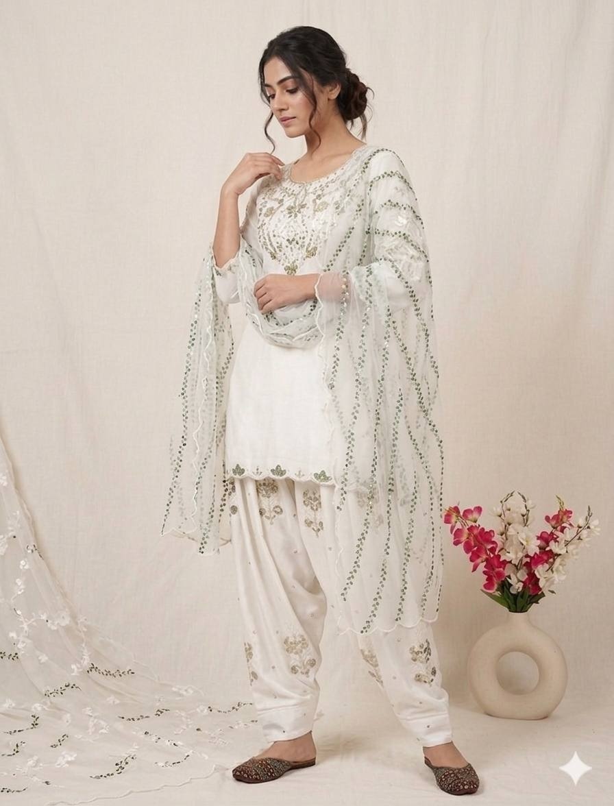 White Sequinsd Satin Semi-Patiala Suit