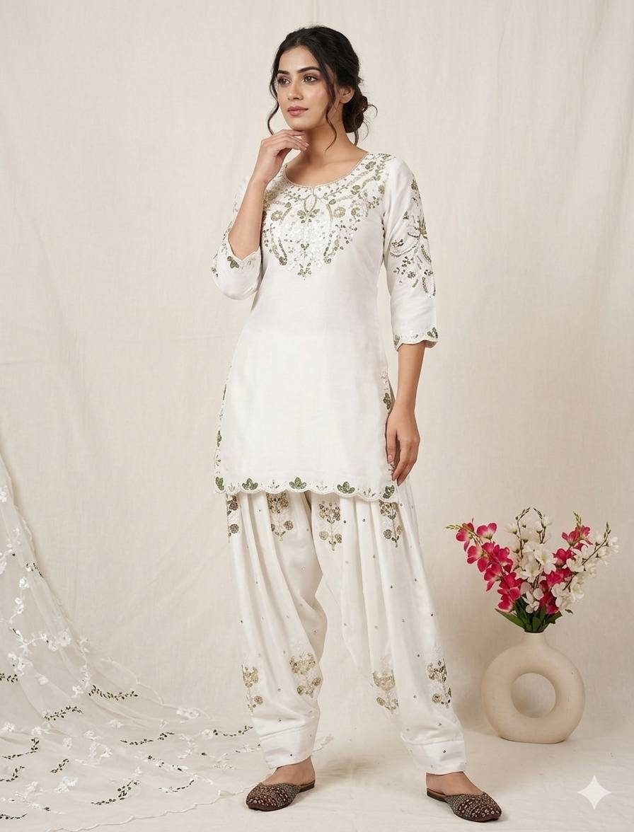 White Sequinsd Satin Semi-Patiala Suit — alternate view