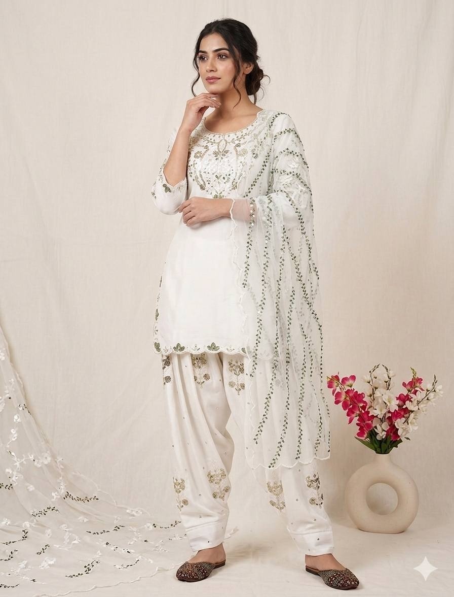 White Sequinsd Satin Semi-Patiala Suit