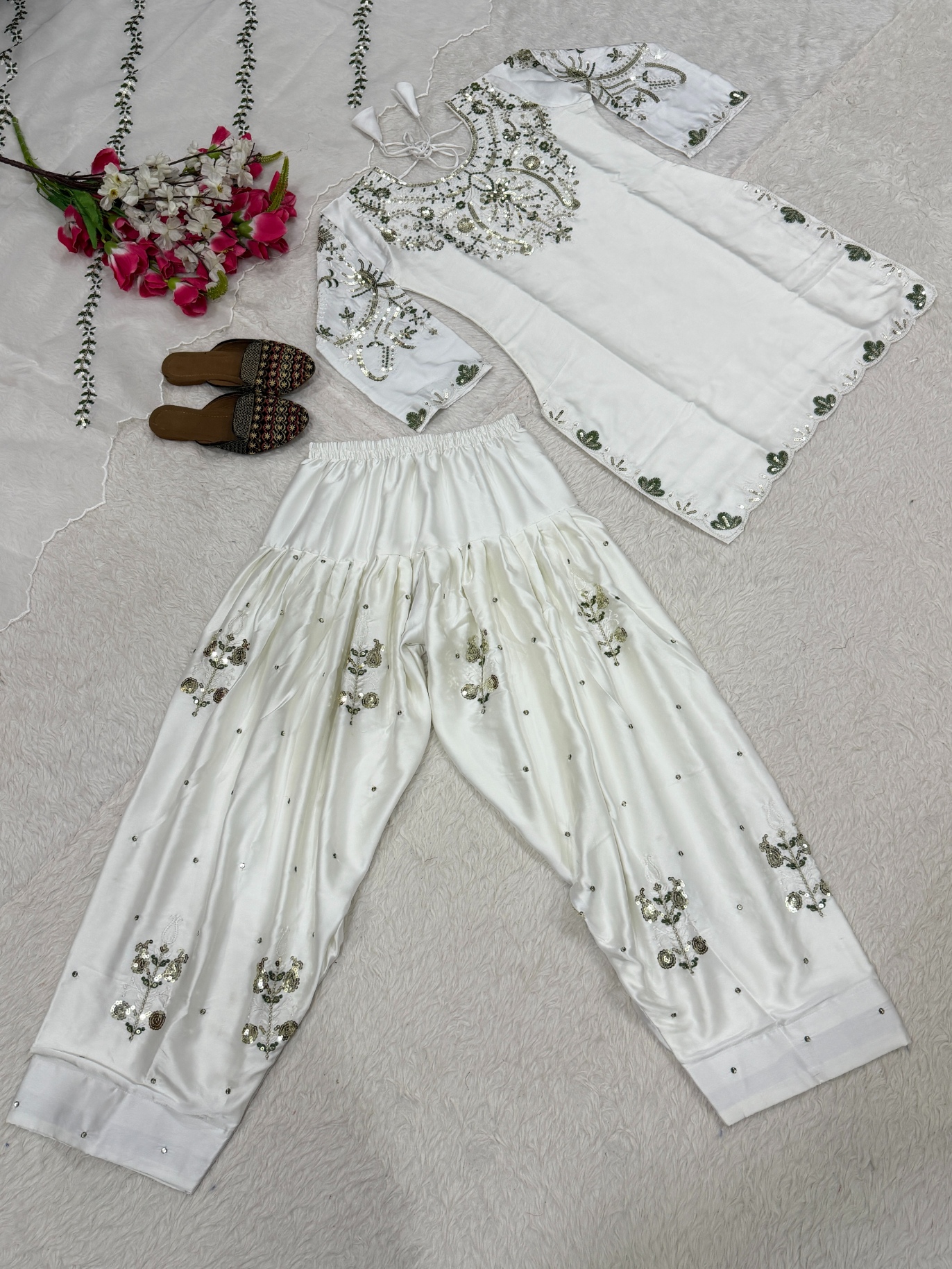 White Sequinsd Satin Semi-Patiala Suit