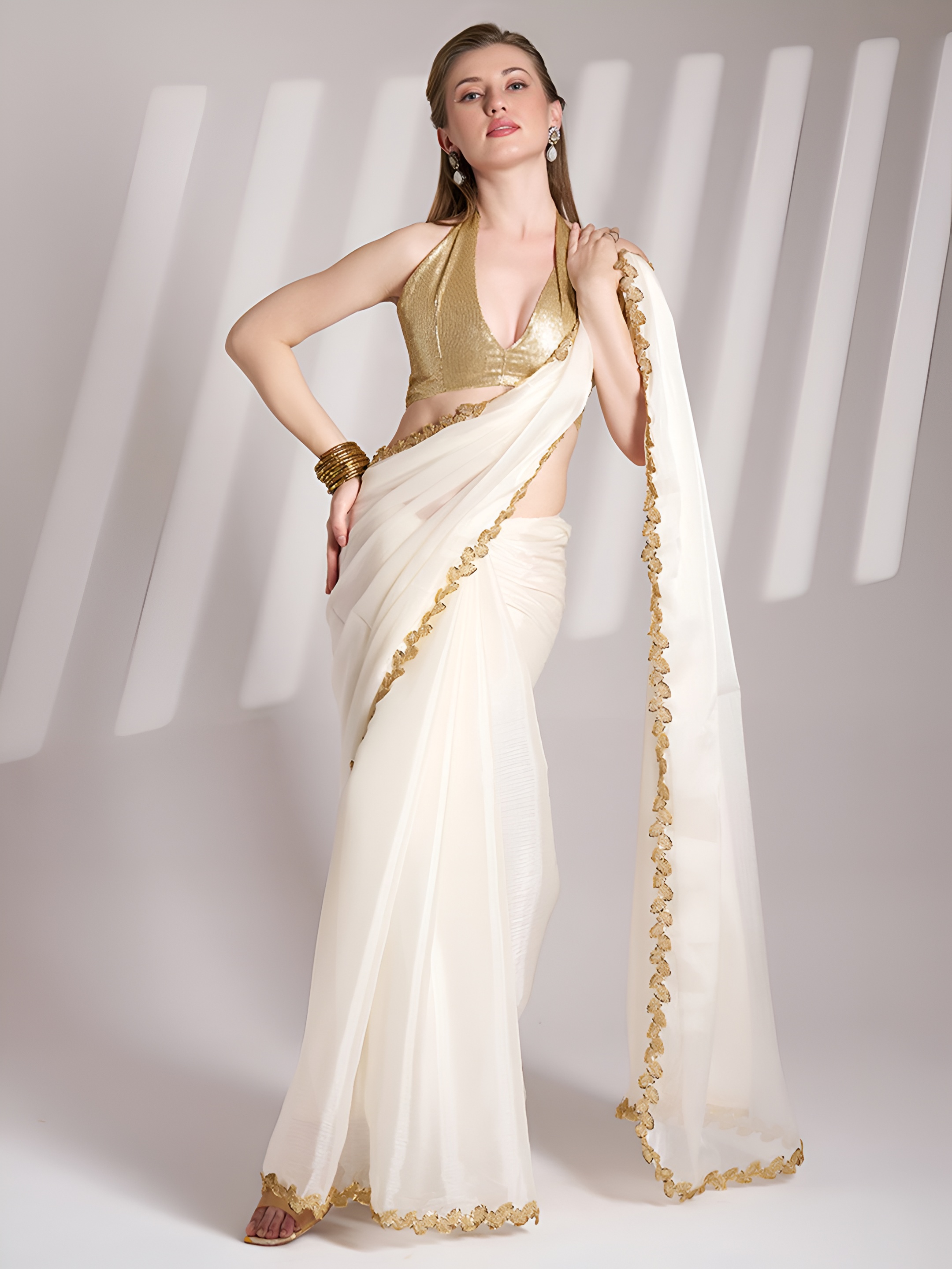 White Sequin Cording Lace Border Jimmy Choo Silk Saree
