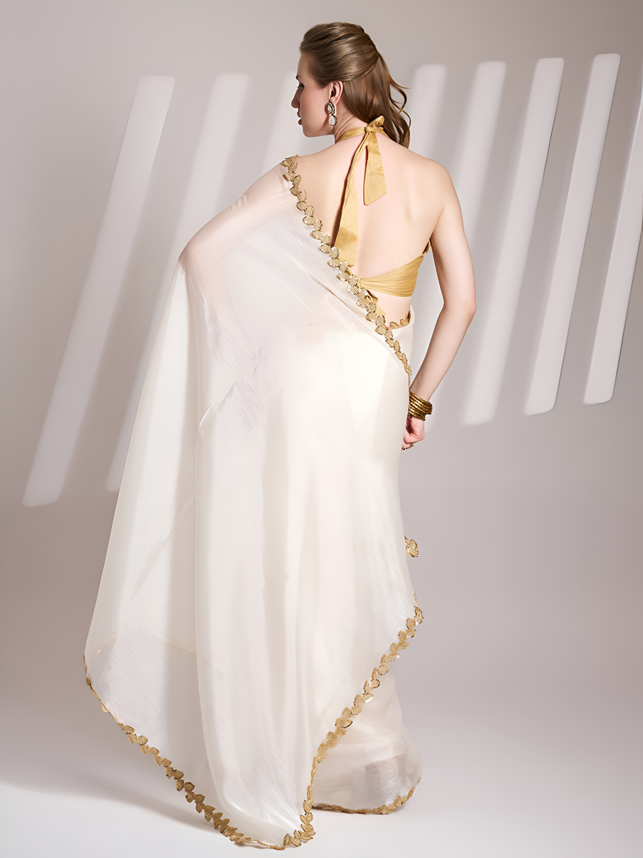 White Sequin Cording Lace Border Jimmy Choo Silk Saree — alternate view