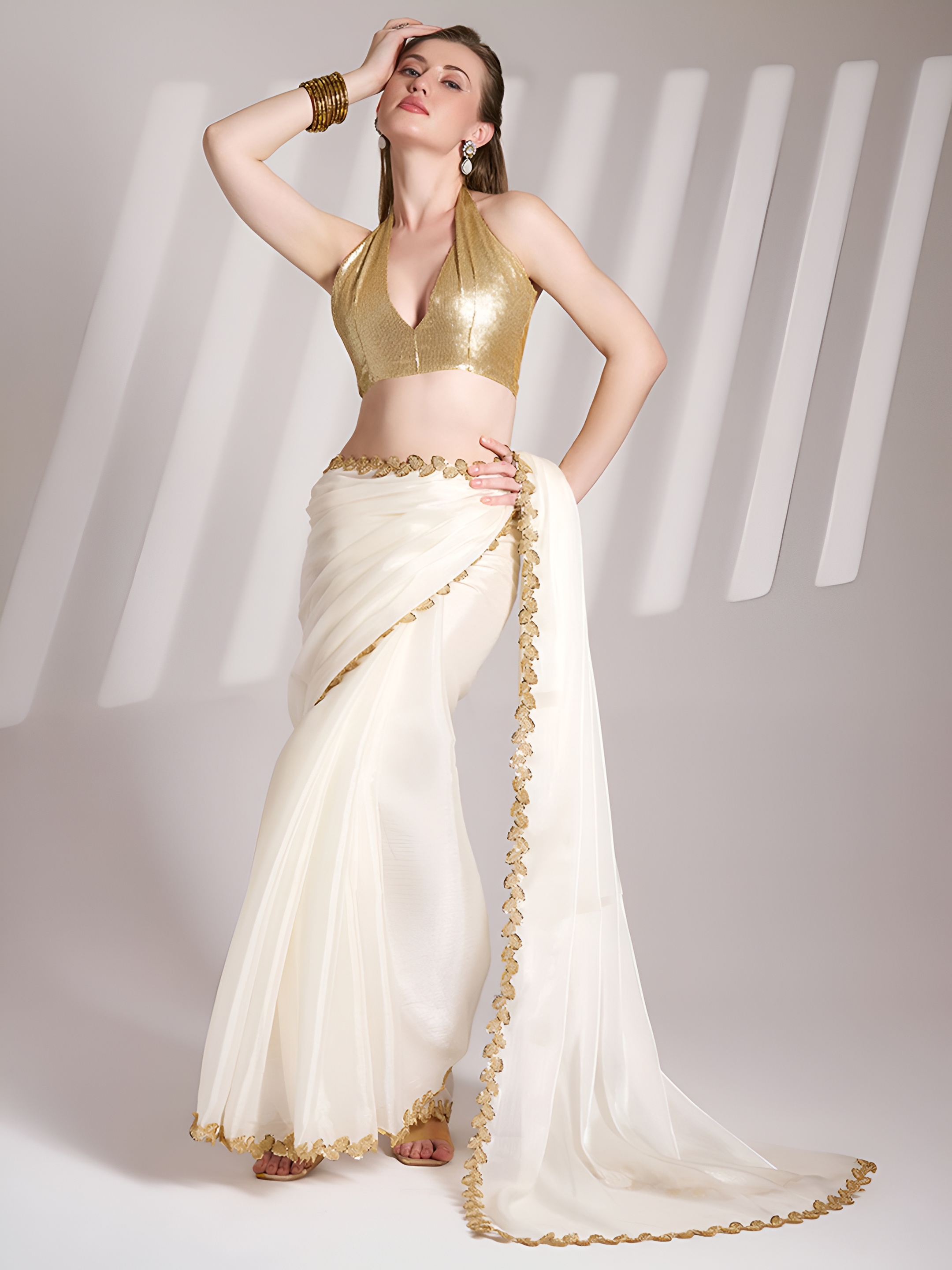 White Sequin Cording Lace Border Jimmy Choo Silk Saree
