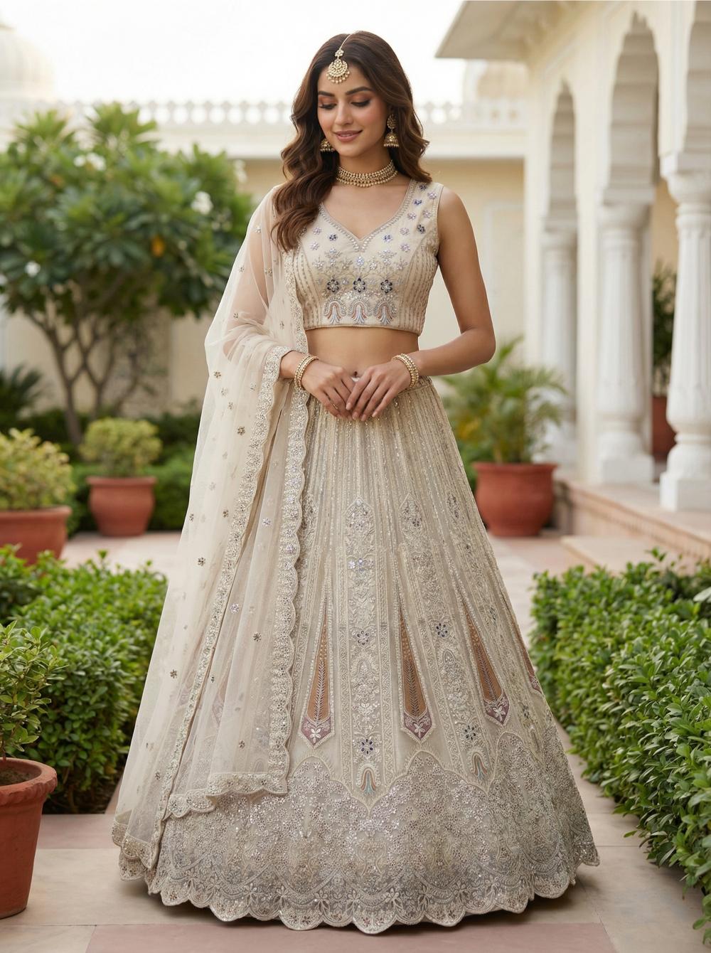 White Sequins Embroidered Bridal Net Lehenga Choli