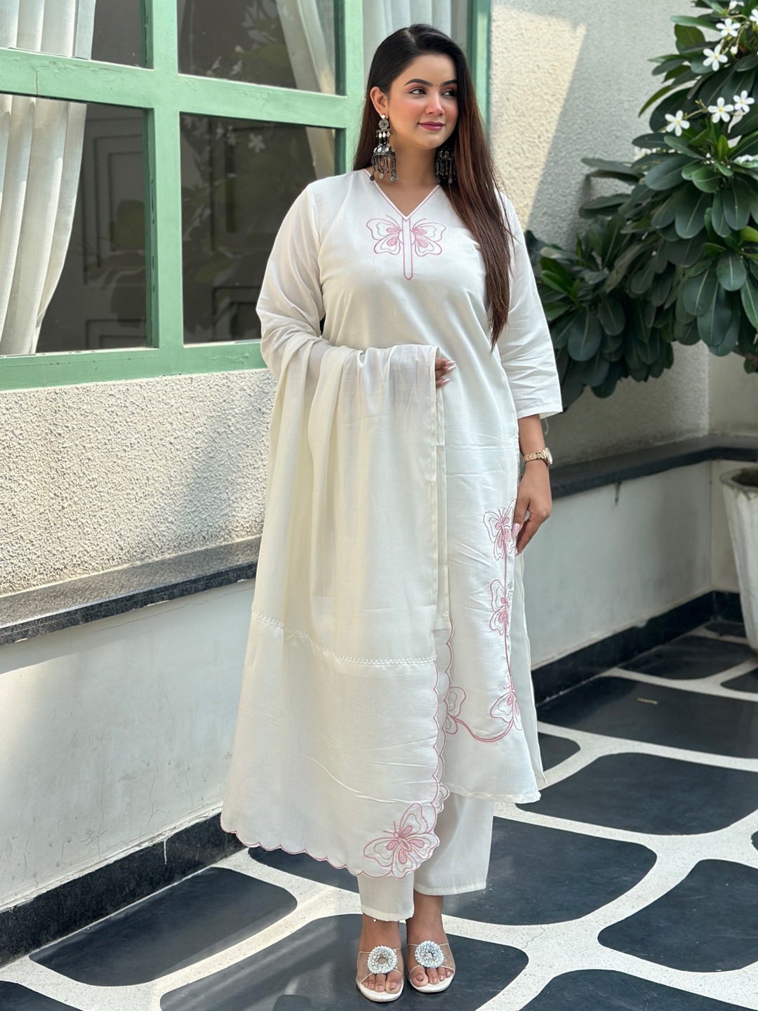 White Silk Embroidered Salwar Suit