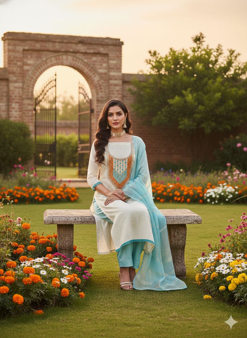 White Sky Blue Modal Buti Embroidered Salwar Suit — alternate view