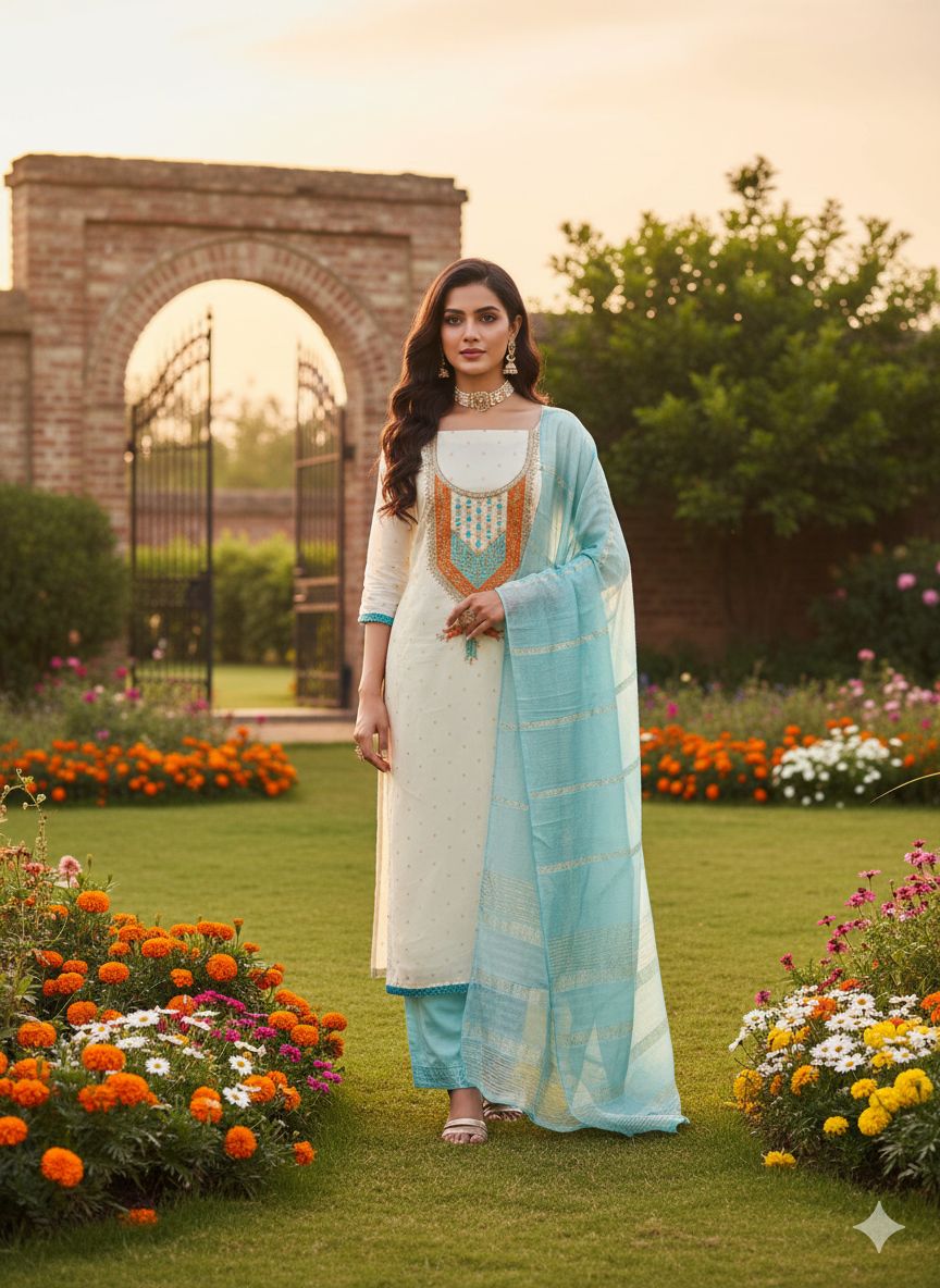 White Sky Blue Modal Buti Embroidered Salwar Suit