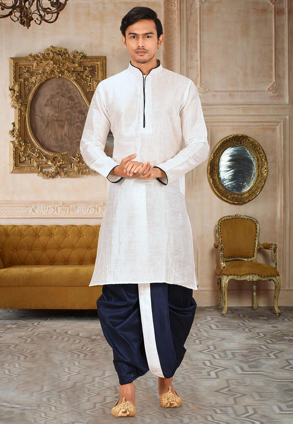 White Solid Art Silk Modern Kurta Dhoti Set