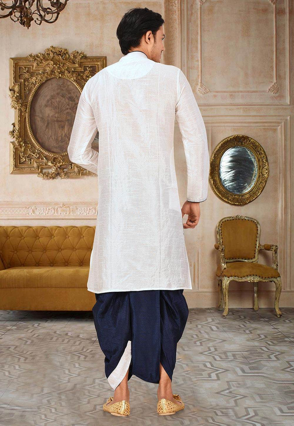 White Solid Art Silk Modern Kurta Dhoti Set — alternate view