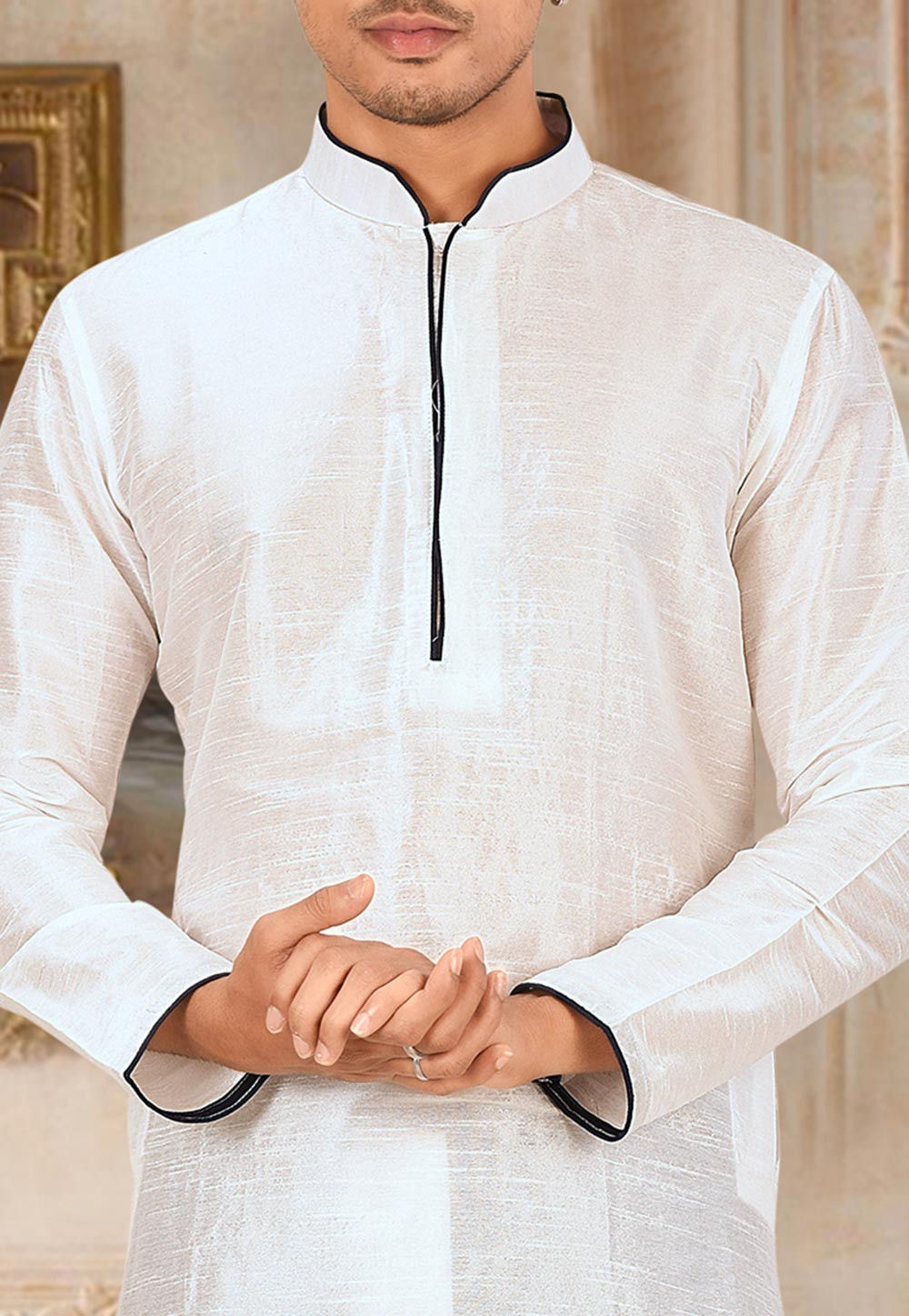 White Solid Art Silk Modern Kurta Dhoti Set