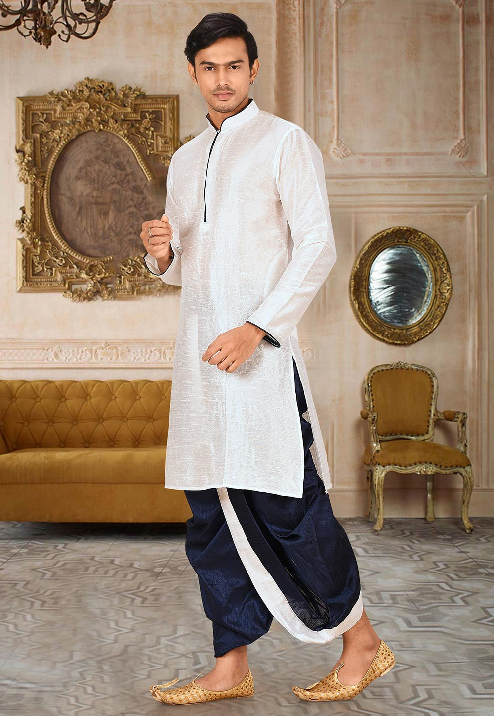 White Solid Art Silk Modern Kurta Dhoti Set