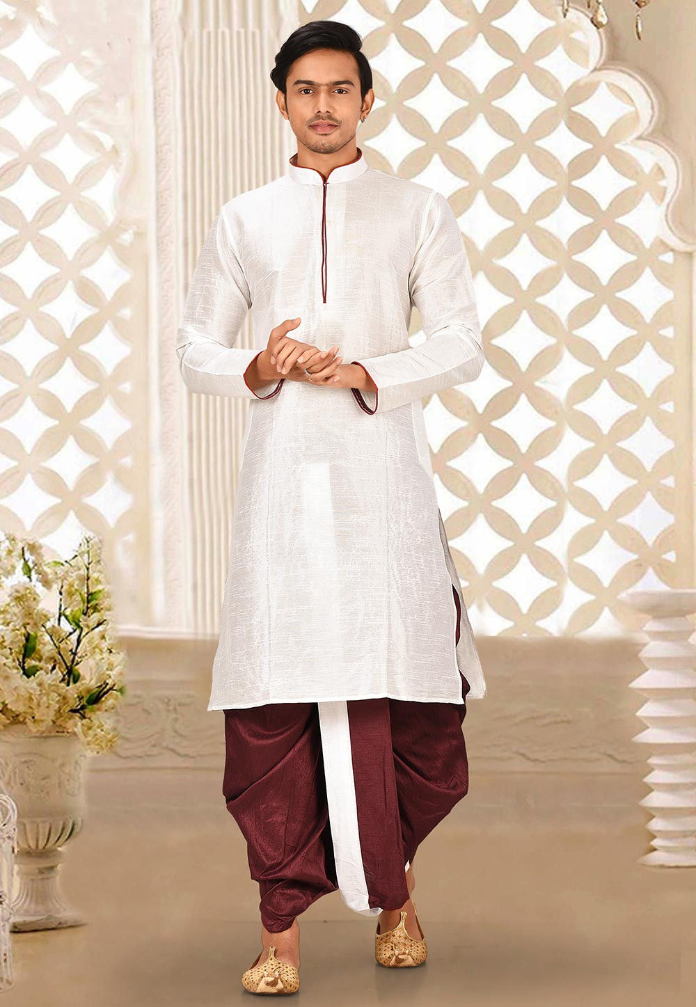 White Solid Art Silk Regal Kurta Dhoti Set