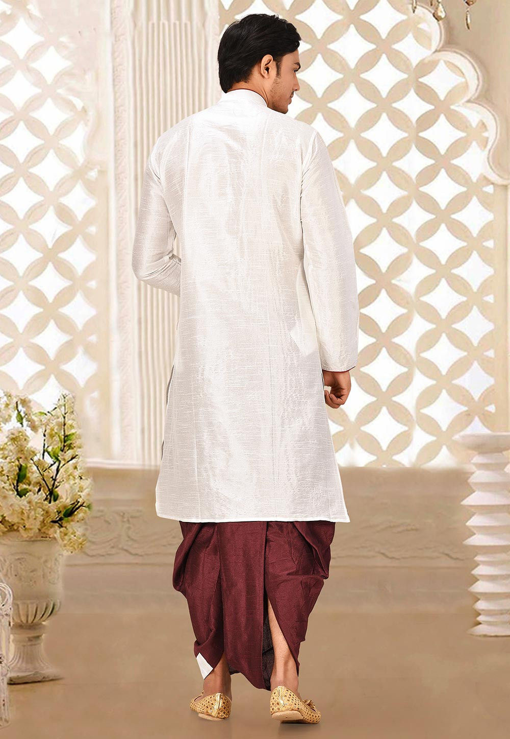 White Solid Art Silk Regal Kurta Dhoti Set — alternate view