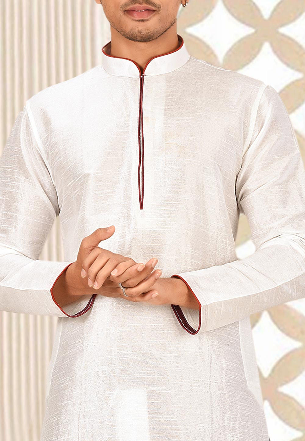 White Solid Art Silk Regal Kurta Dhoti Set