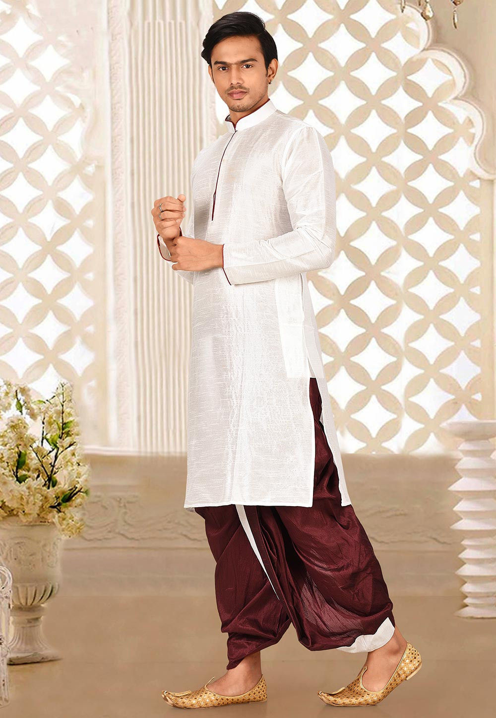 White Solid Art Silk Regal Kurta Dhoti Set