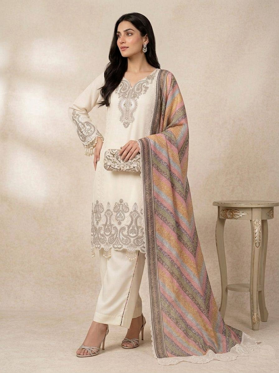 White Solid Sequinsned Georgette Straight Suit