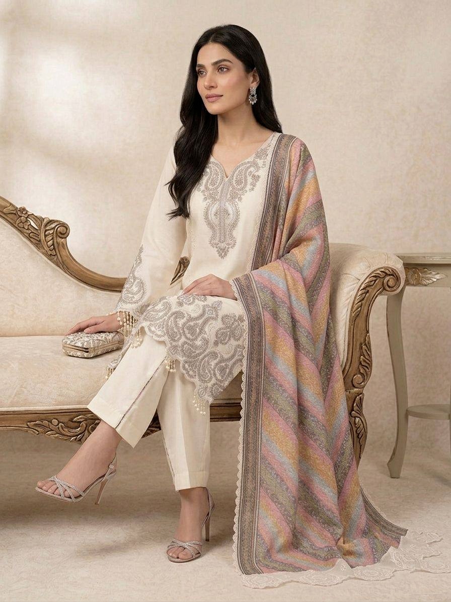White Solid Sequinsned Georgette Straight Suit — alternate view