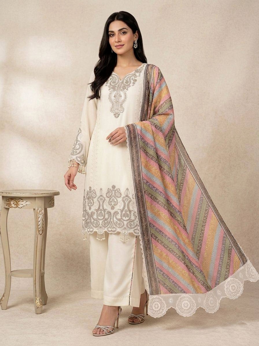 White Solid Sequinsned Georgette Straight Suit
