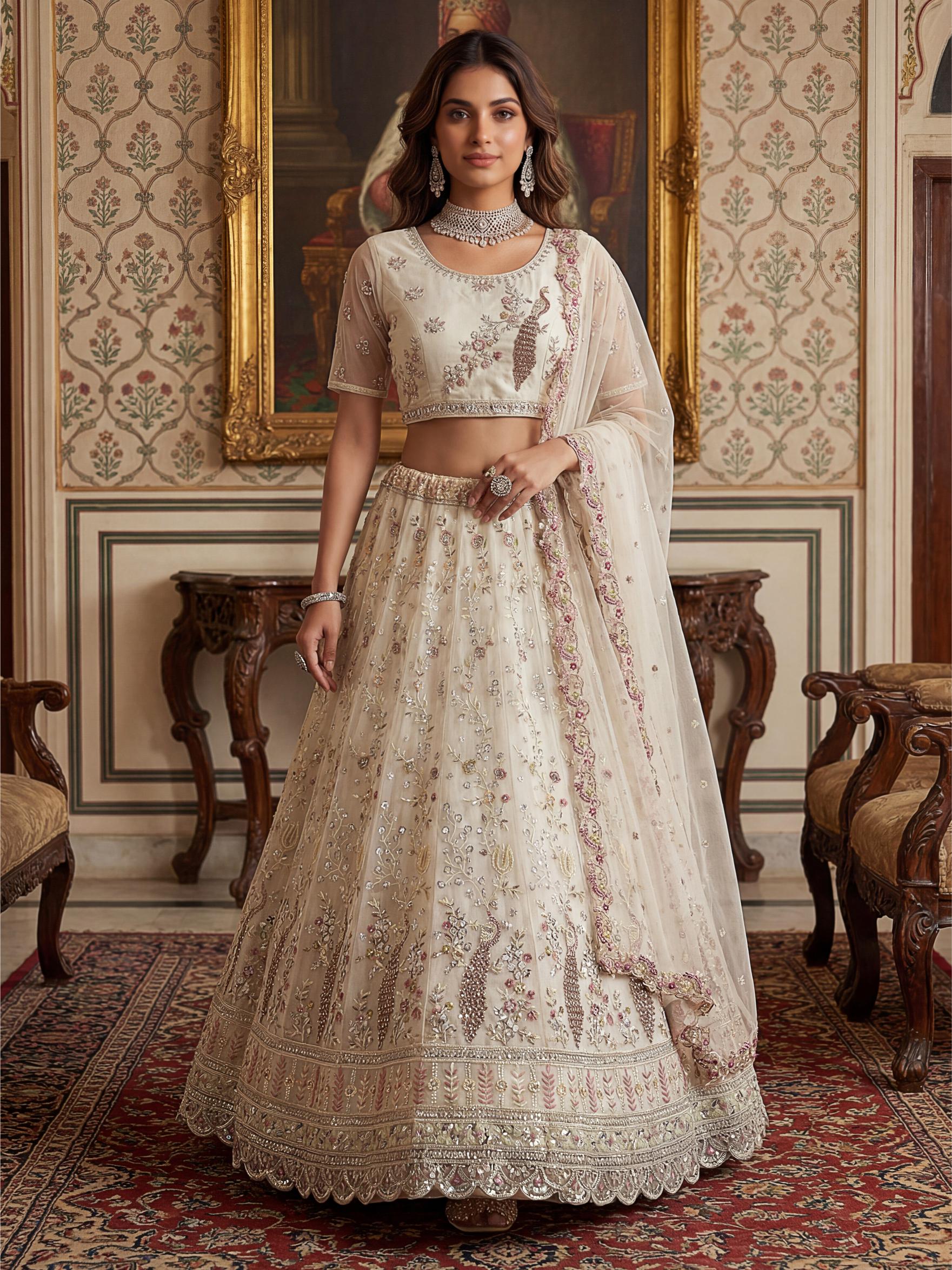 White Stone and Sequins Net Embroidered Lehenga Choli