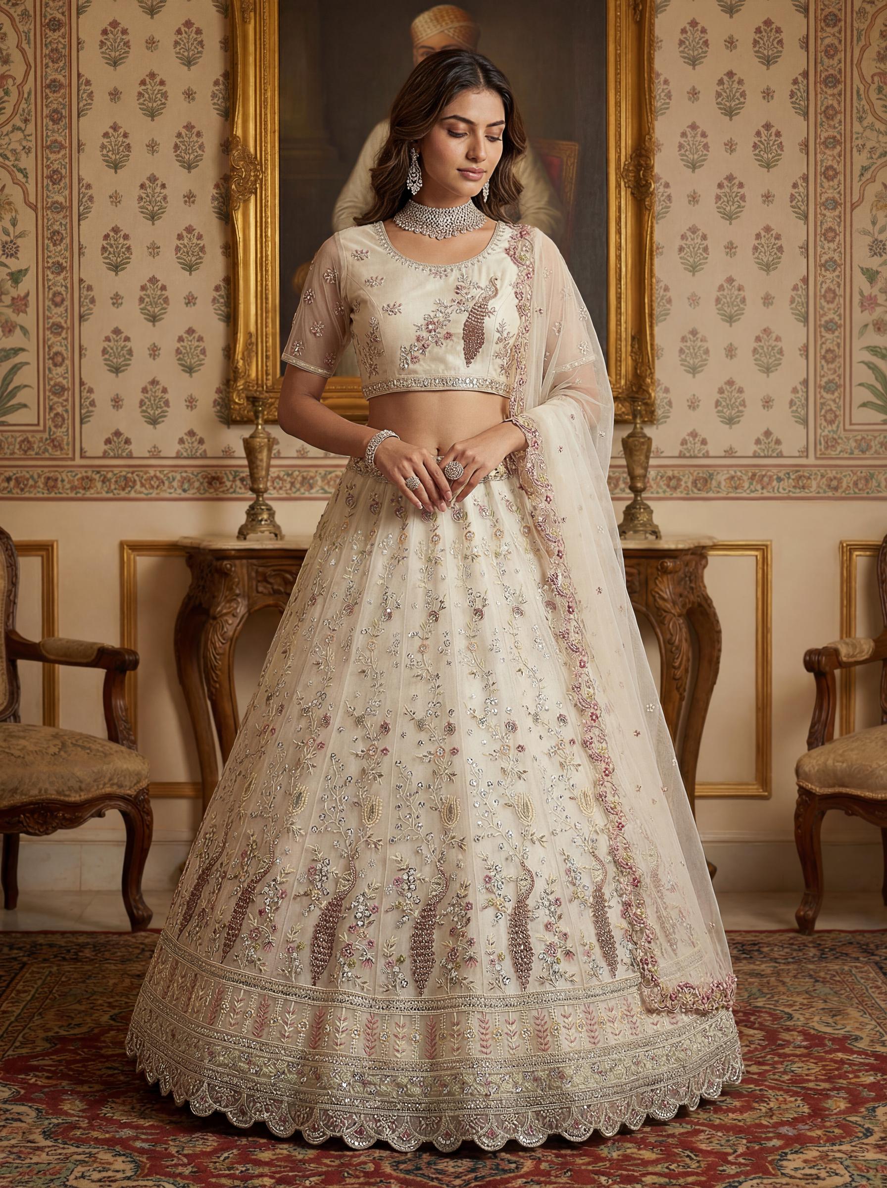 White Stone and Sequins Net Embroidered Lehenga Choli — alternate view