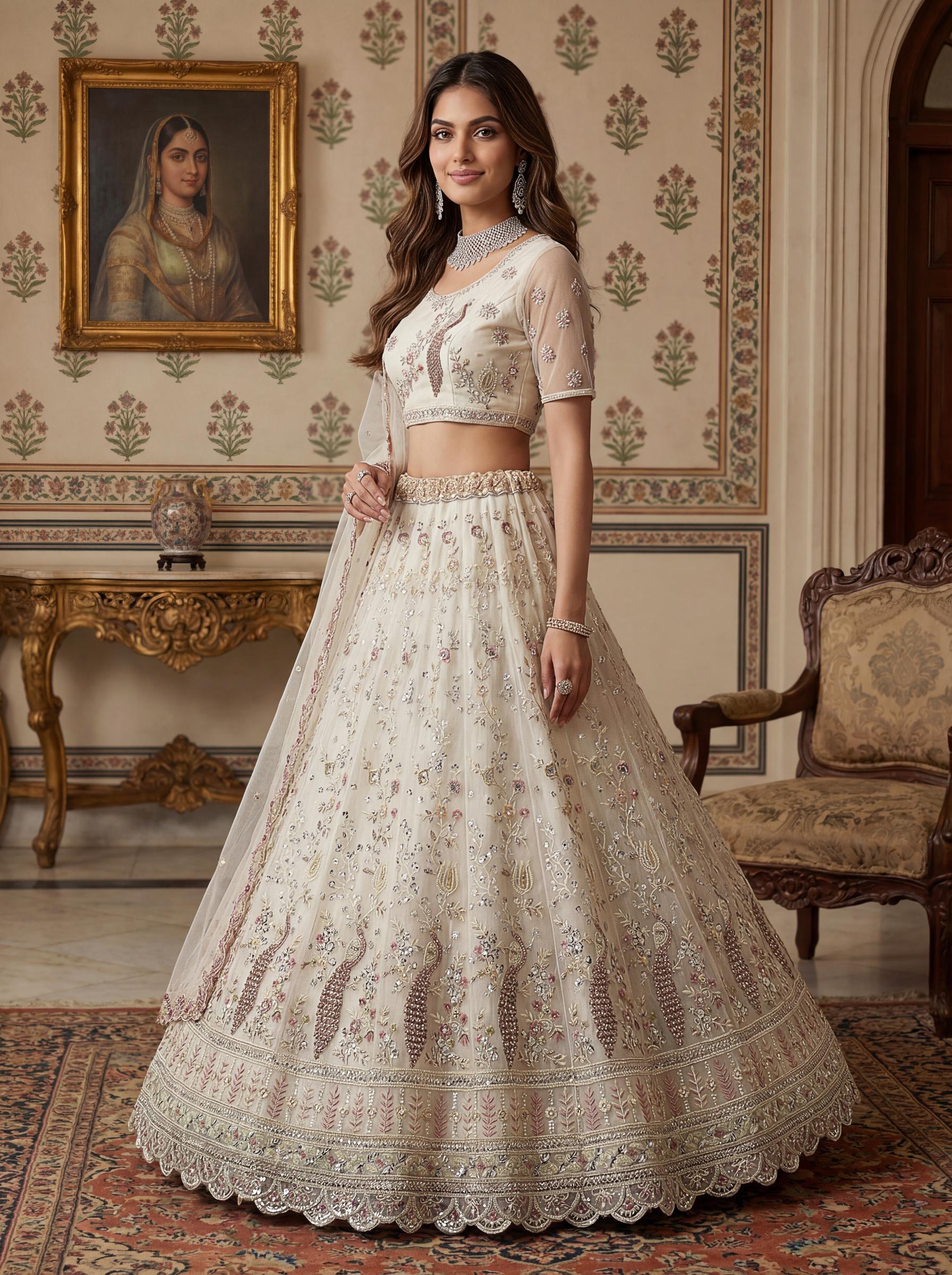 White Stone and Sequins Net Embroidered Lehenga Choli