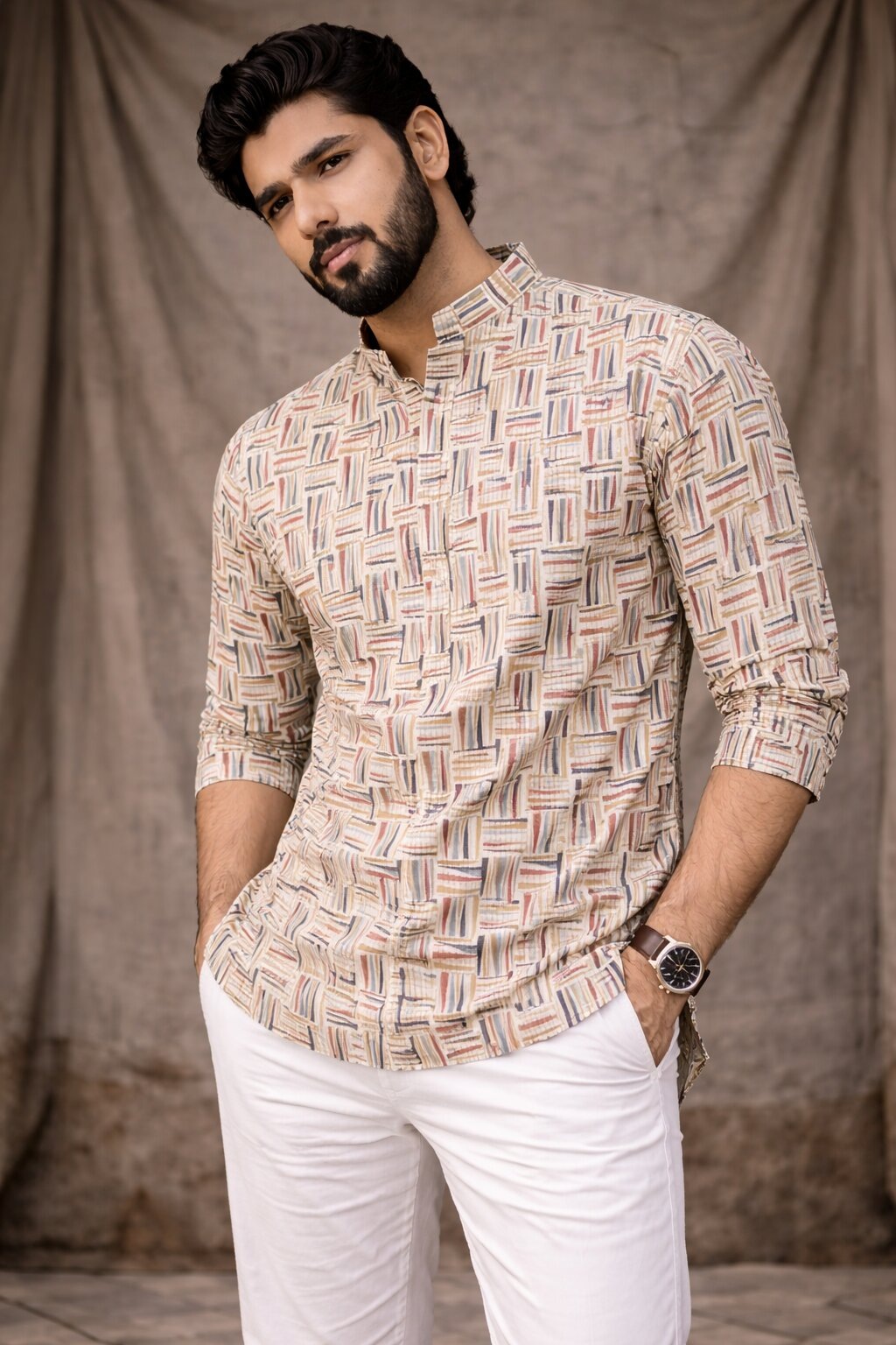 White Textured Printed Linen Kurta