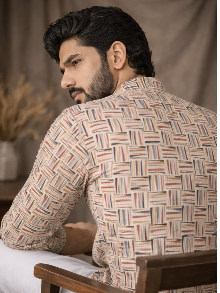 White Textured Printed Linen Kurta — alternate view