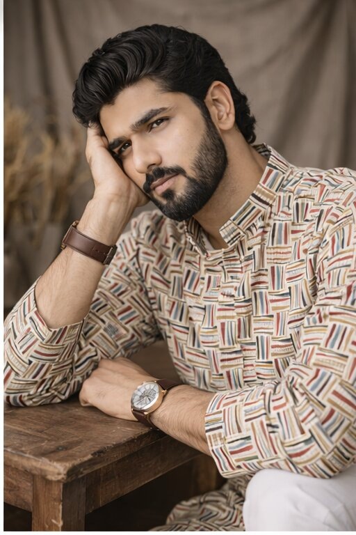 White Textured Printed Linen Kurta