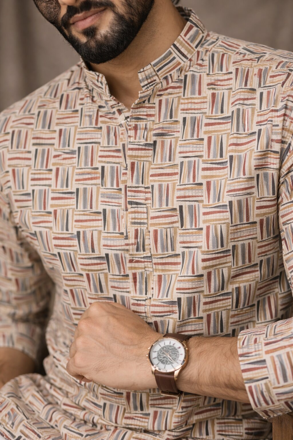 White Textured Printed Linen Kurta