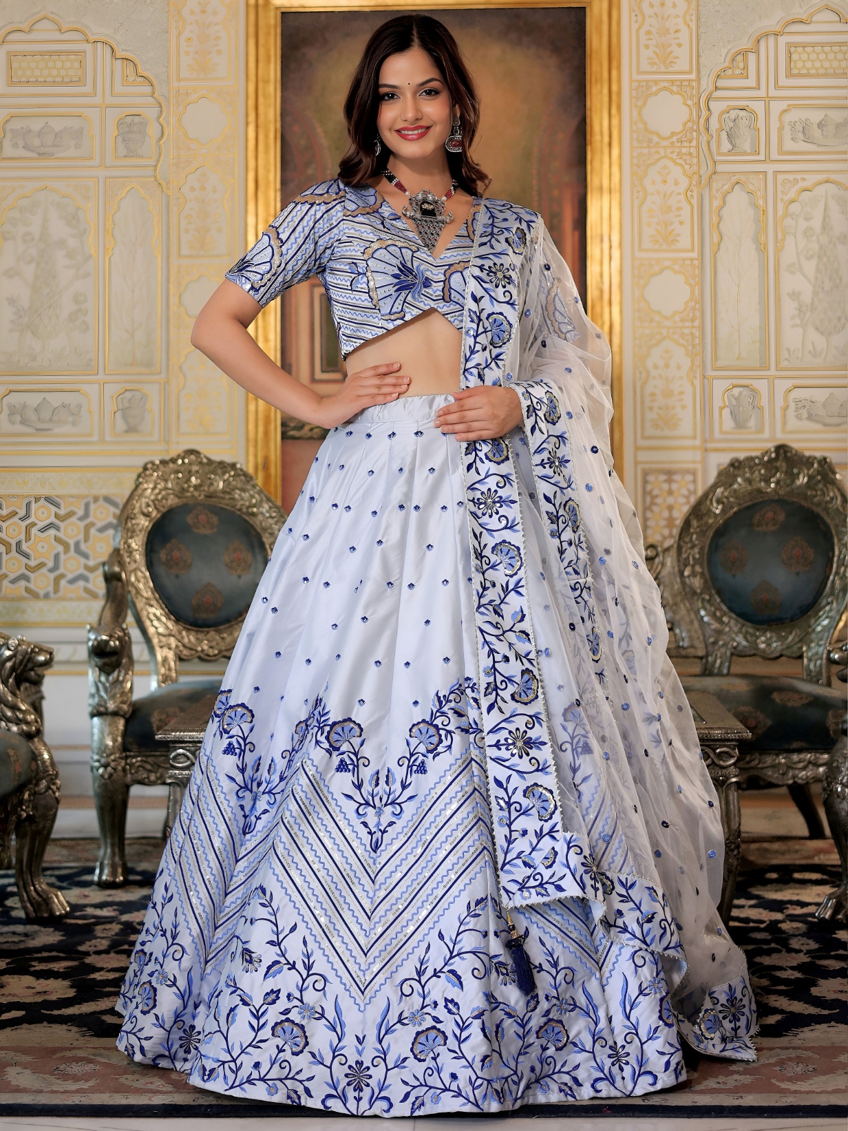 White Thread Embroidered Satin Lehenga Choli