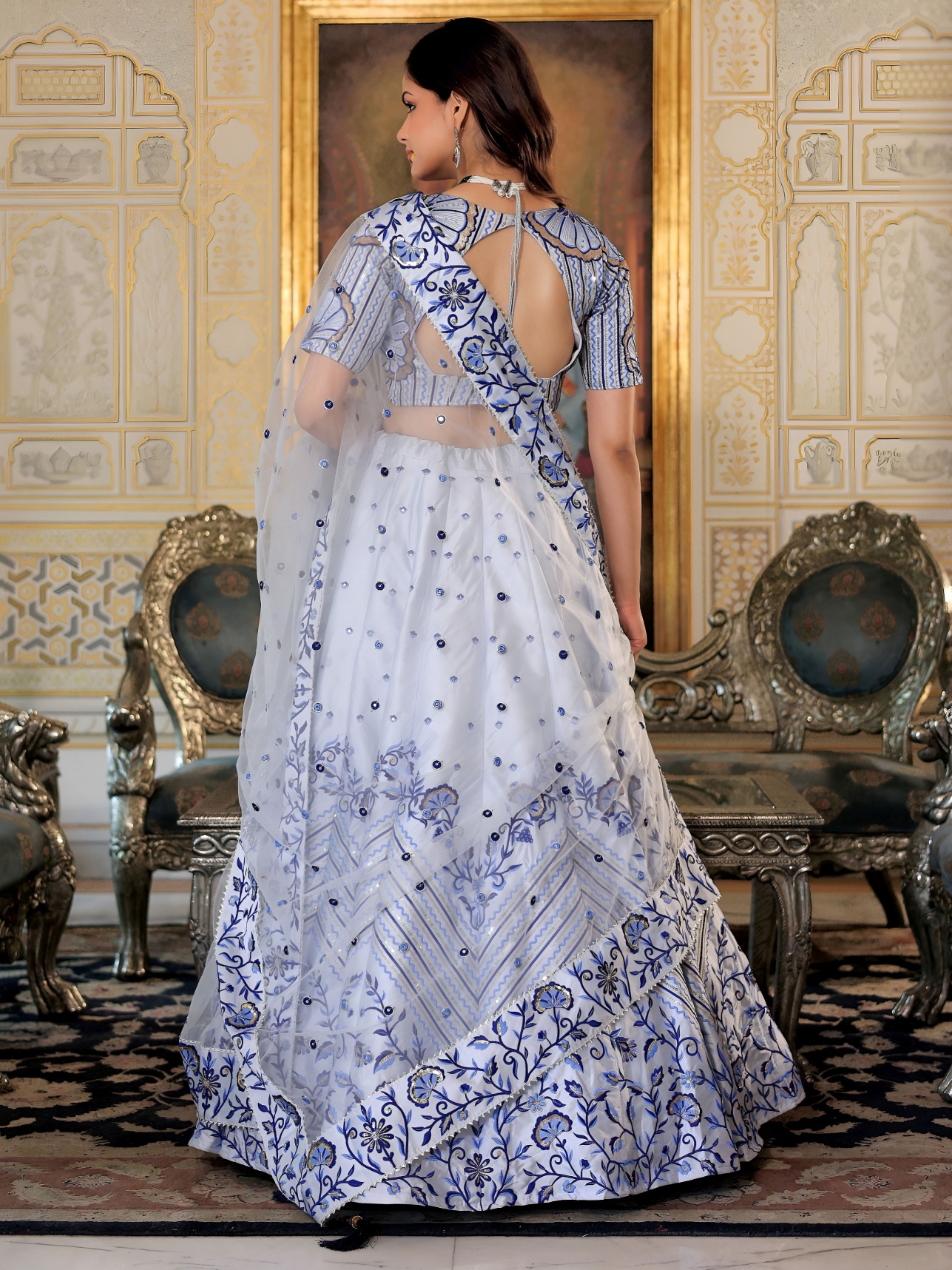 White Thread Embroidered Satin Lehenga Choli — alternate view