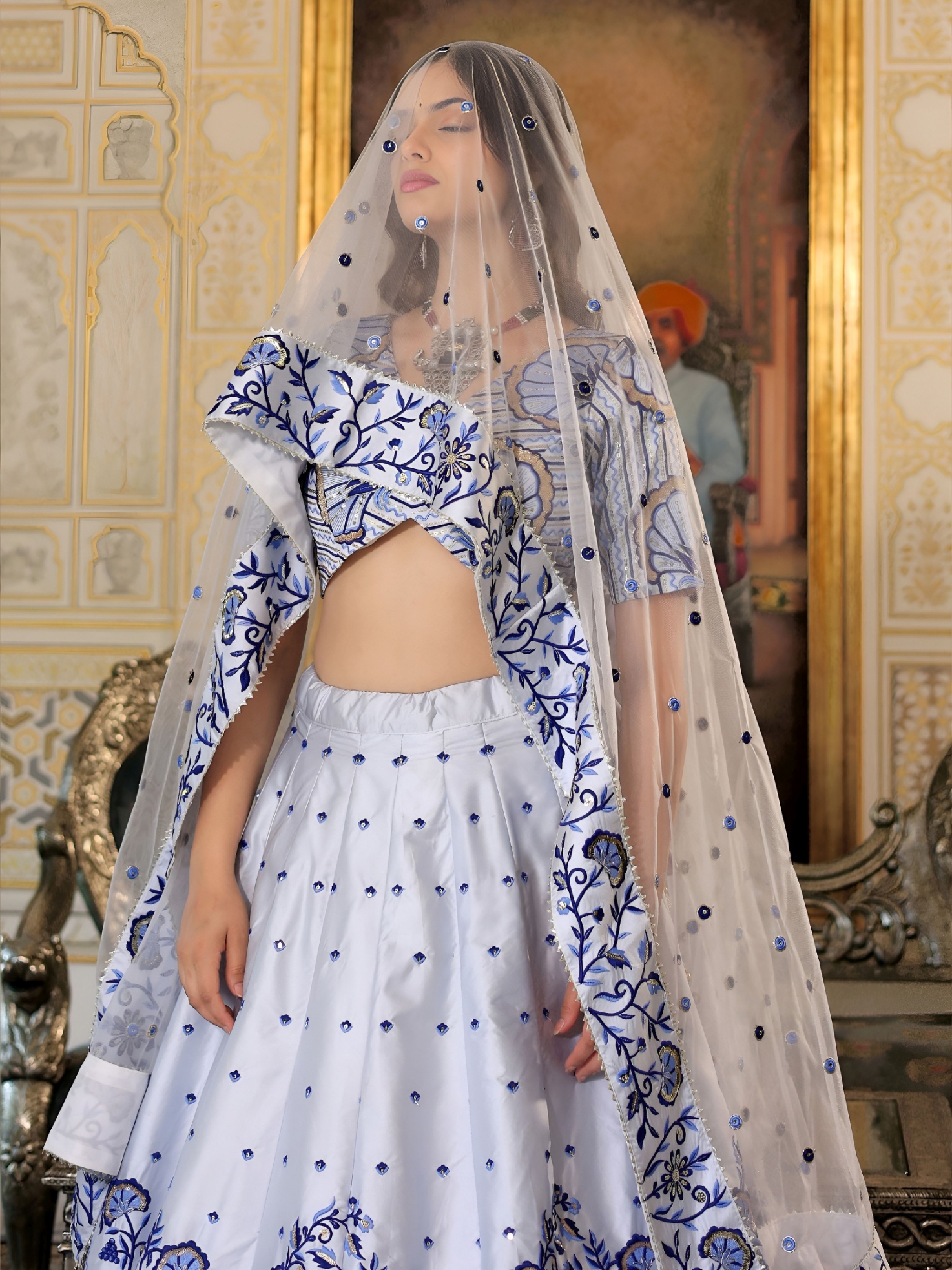 White Thread Embroidered Satin Lehenga Choli