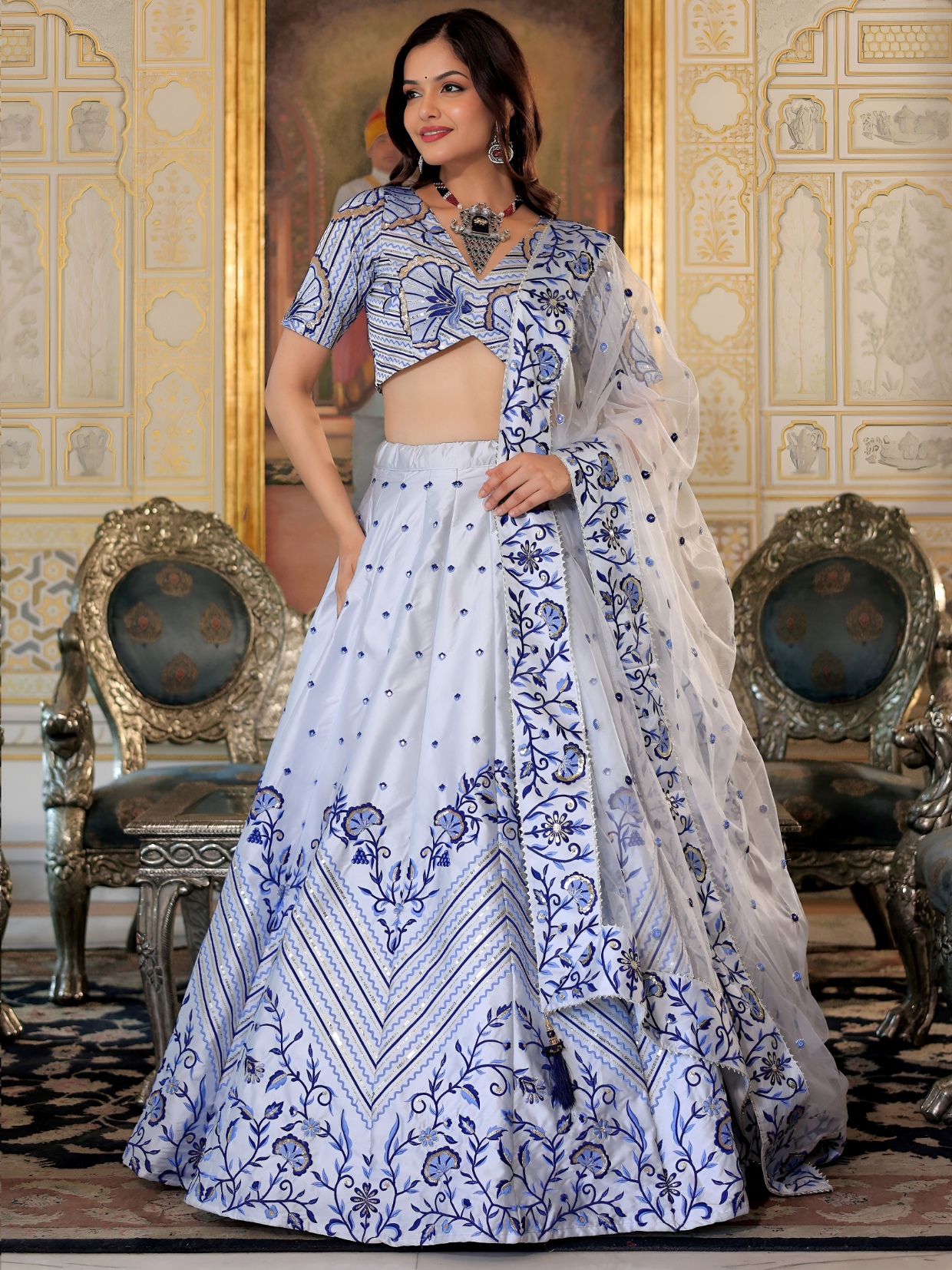 White Thread Embroidered Satin Lehenga Choli