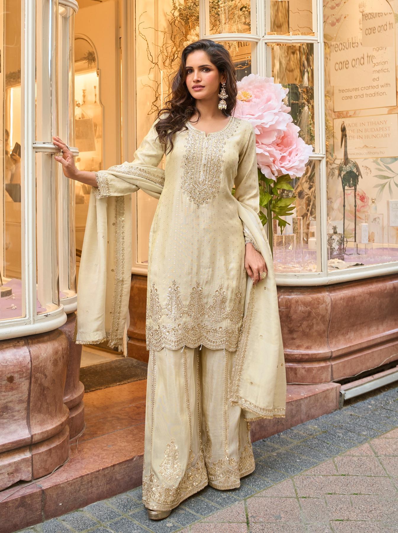 White Viscose Heavy Embroidered Palazzo Suit