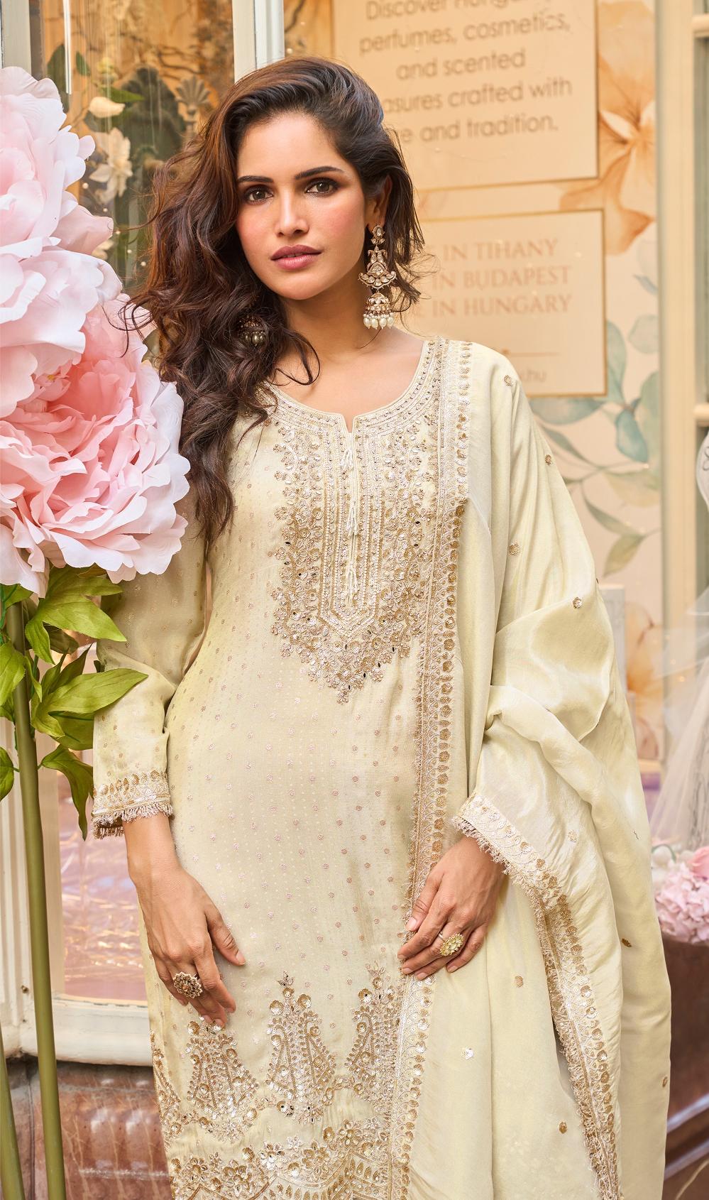 White Viscose Heavy Embroidered Palazzo Suit — alternate view