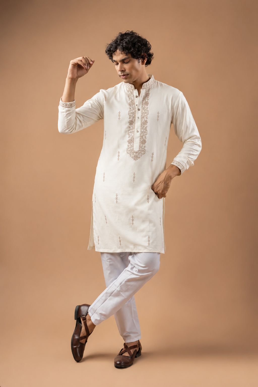 White Viscose Silk Motif Kurta Pyjama