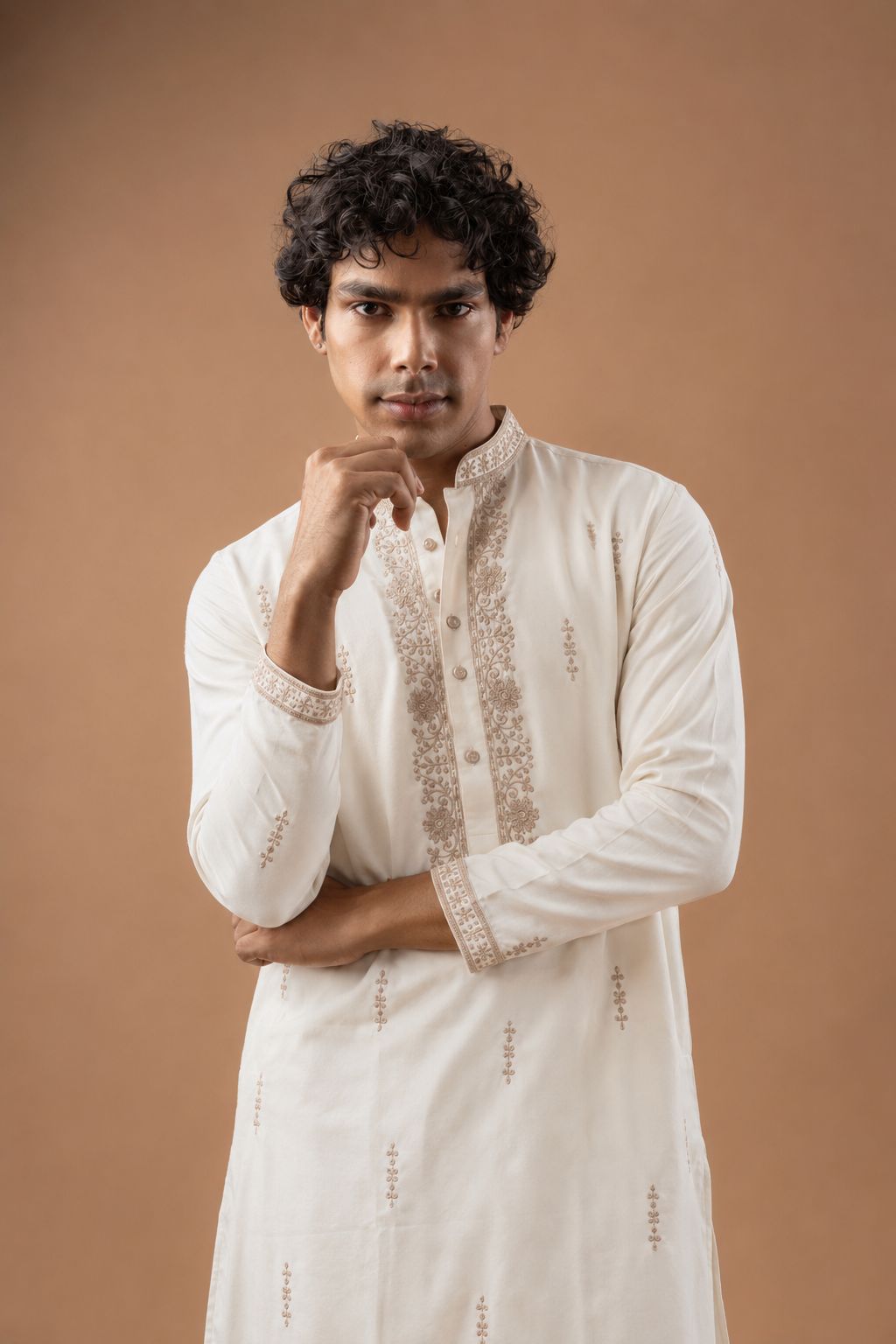 White Viscose Silk Motif Kurta Pyjama