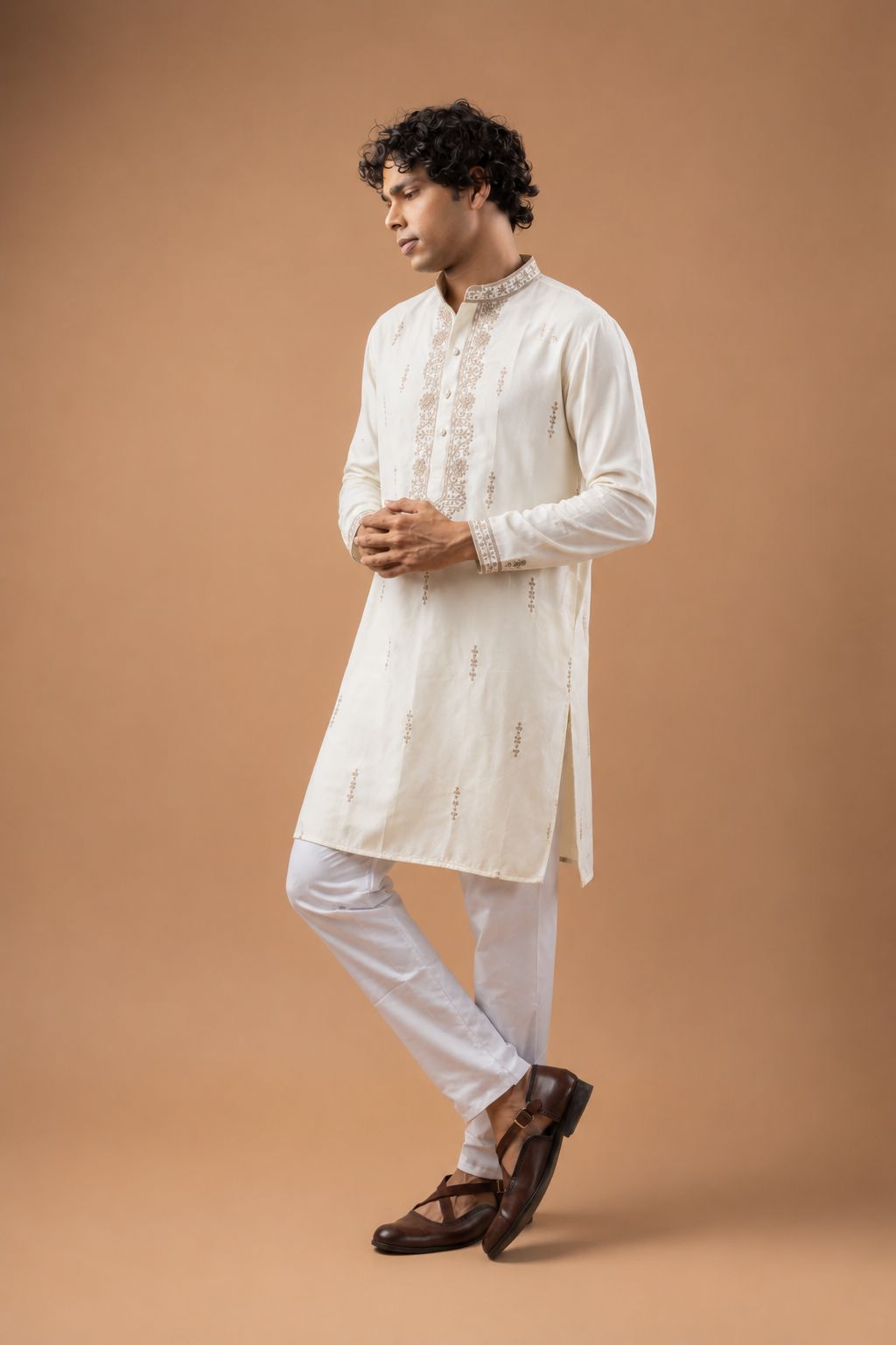 White Viscose Silk Motif Kurta Pyjama
