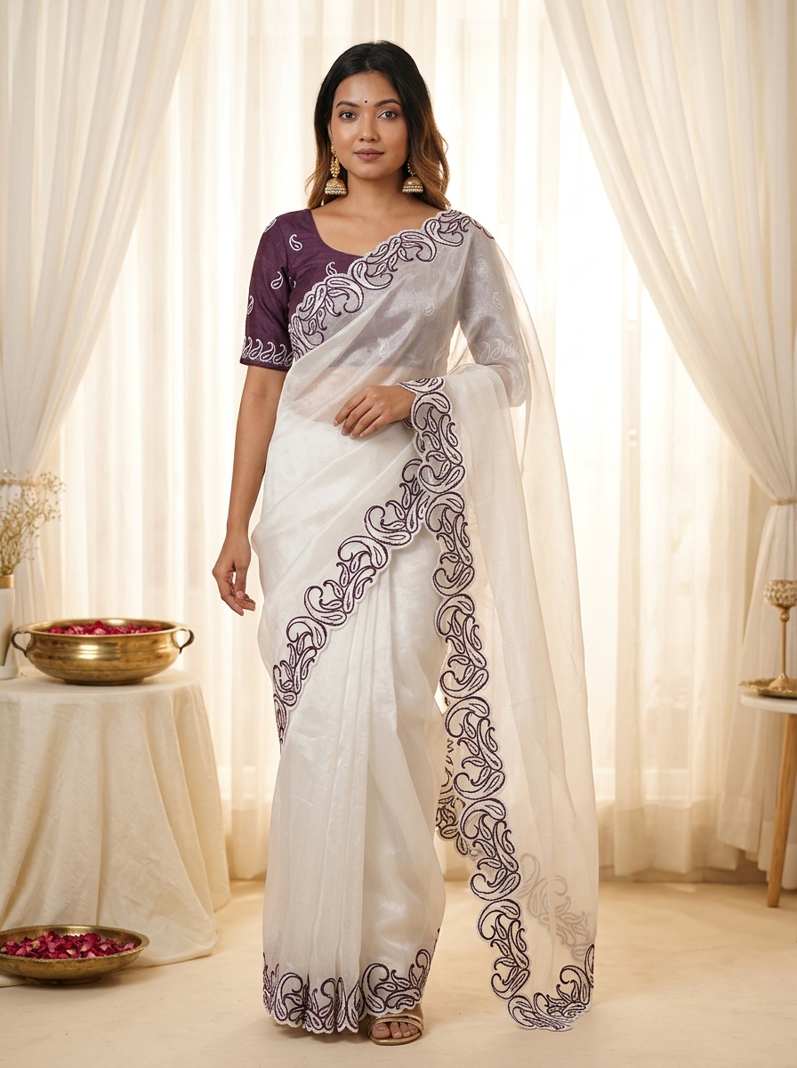 White Wine Designer Crunchy Silk Saree