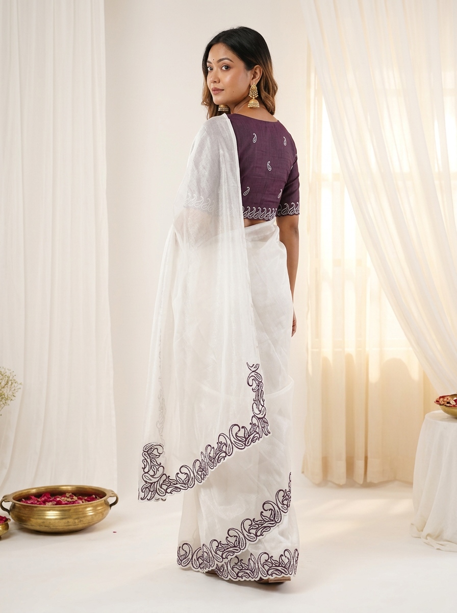 White Wine Designer Crunchy Silk Saree — alternate view
