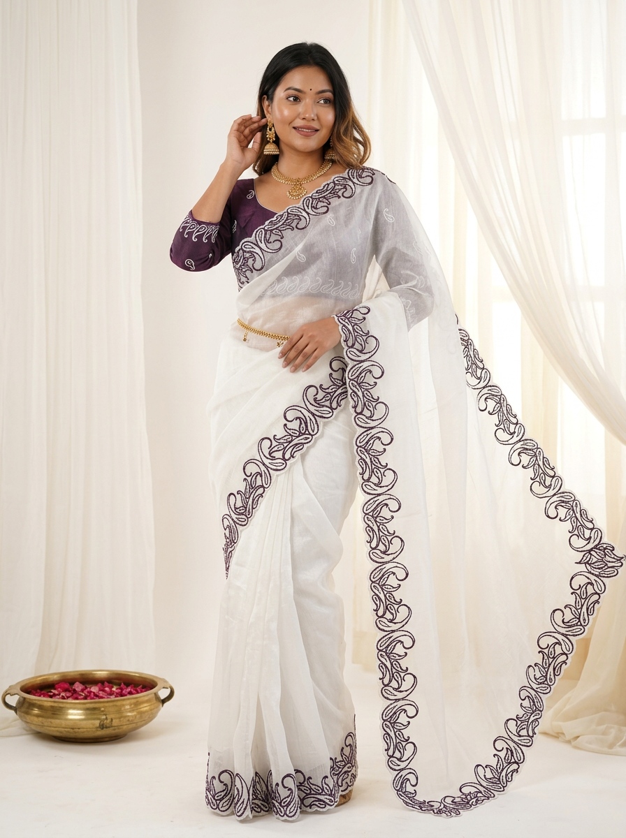 White Wine Designer Crunchy Silk Saree