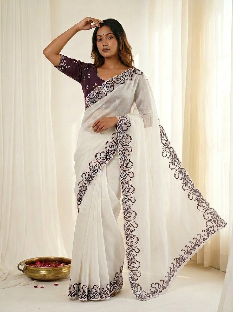 White Wine Designer Crunchy Silk Saree
